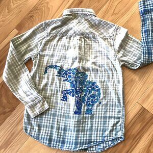 Bleached Flannel Shirt, Size M (Junior): Upcycled Hand Painted Elephant Top